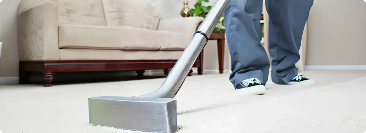 Carpet cleaning technician using a hot-water extraction wand on a light-colored carpet in a living room, Little Rock, AR.
