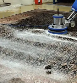 Professional rug cleaning with a rotary floor machine and shampoo foam, deep-cleaning an area rug Little Rock, AR.